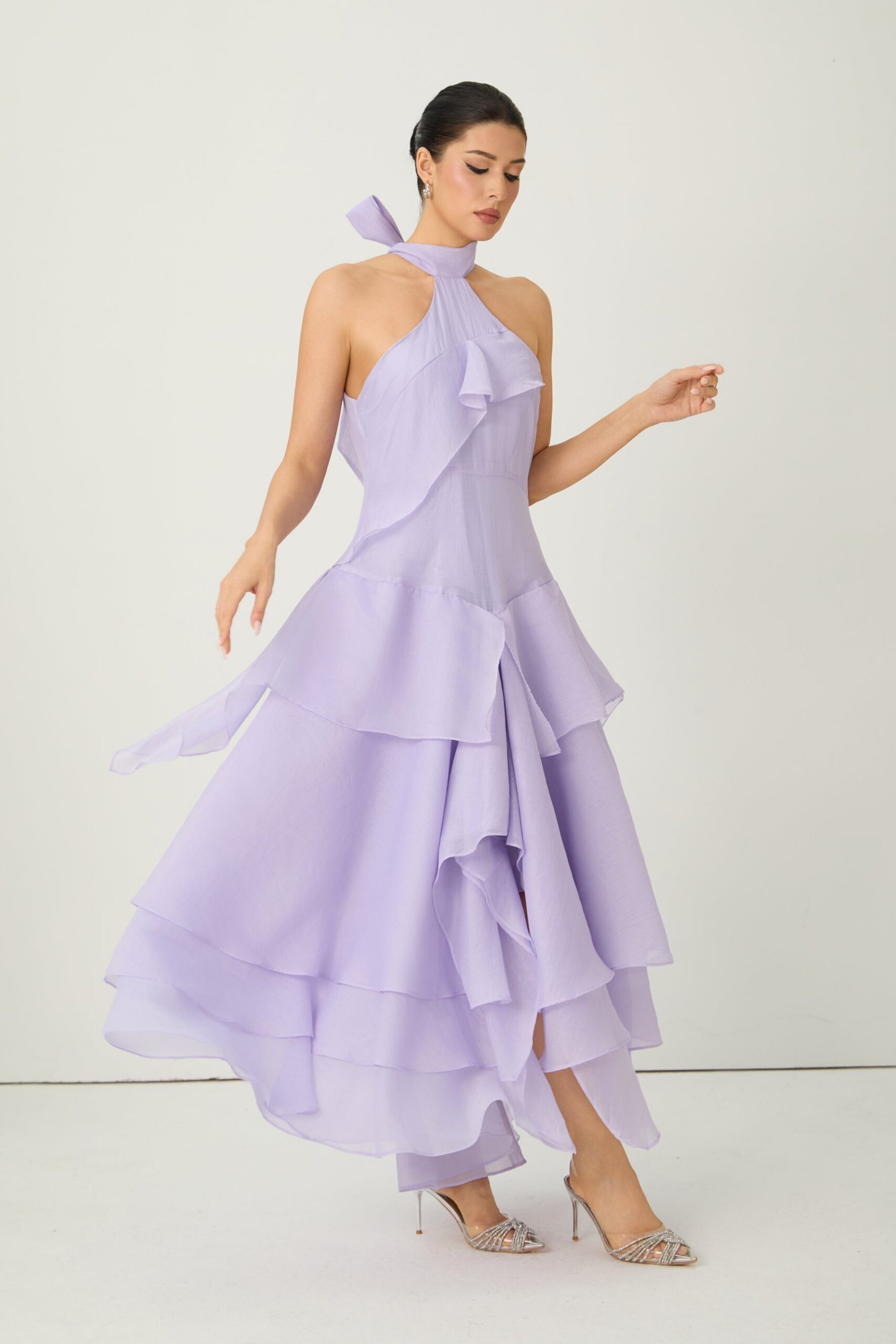 LINDA PURPLE HALTER RUFFLE MAXI DRESS