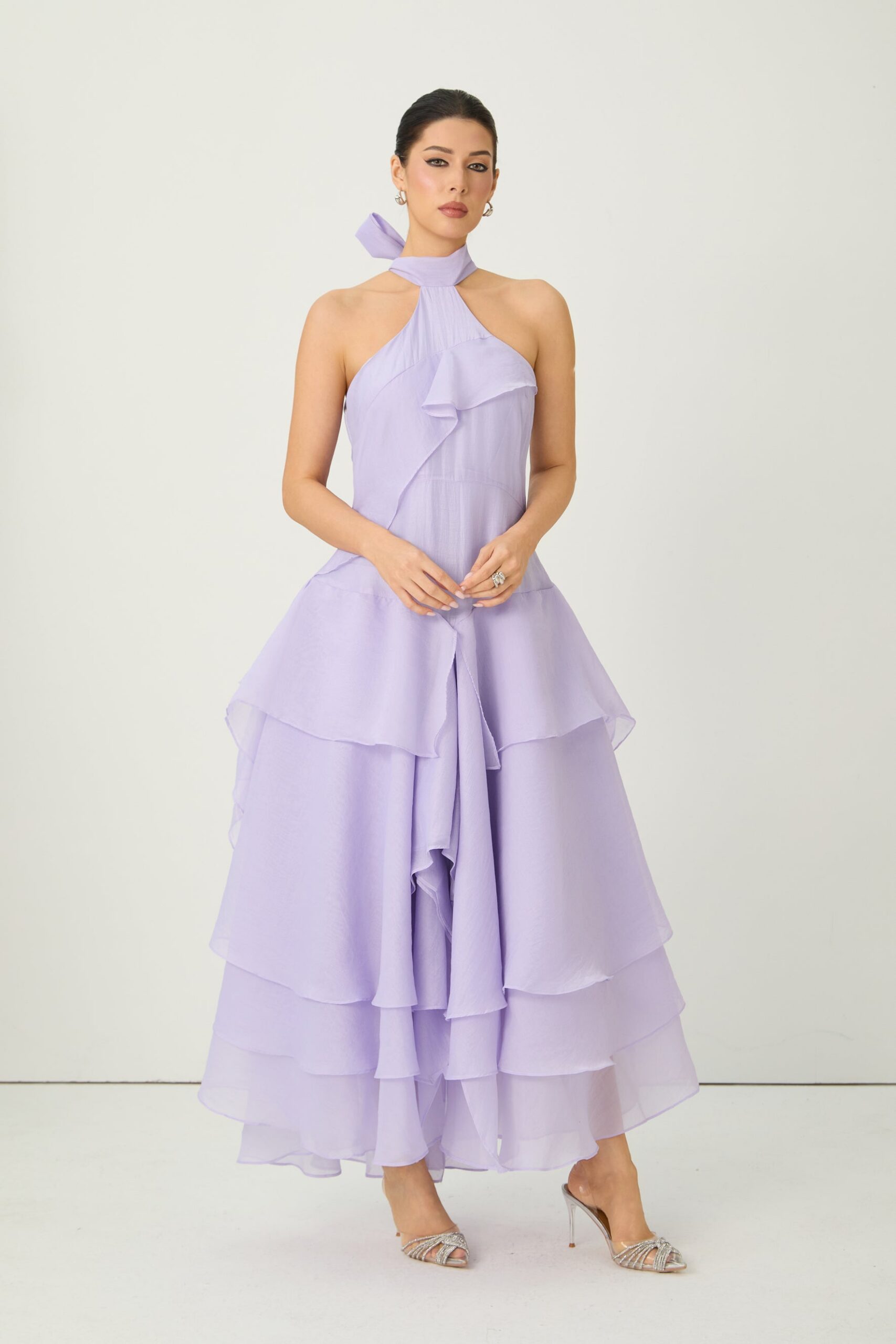 LINDA PURPLE HALTER RUFFLE MAXI DRESS