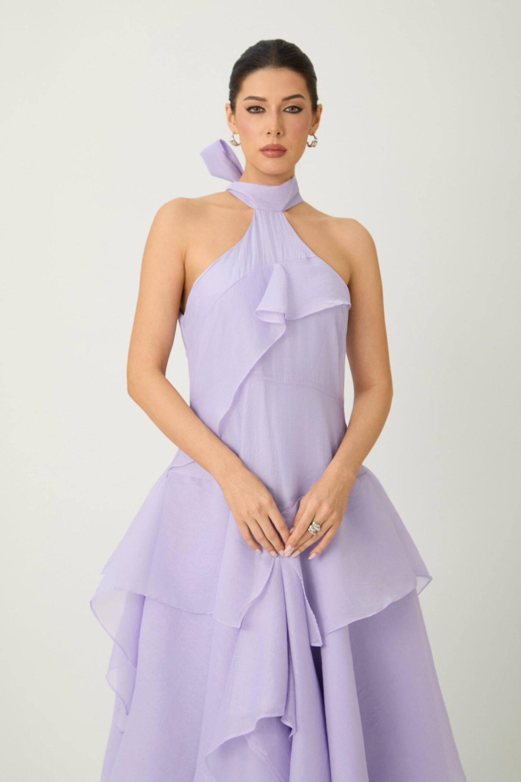 LINDA PURPLE HALTER RUFFLE MAXI DRESS