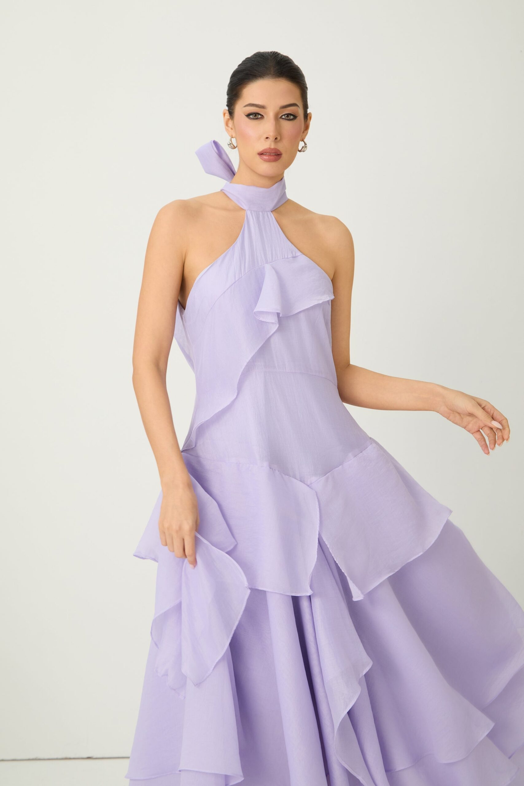 LINDA PURPLE HALTER RUFFLE MAXI DRESS