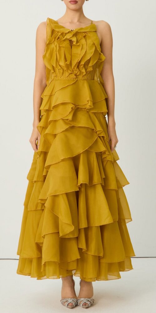 leila Yellow Spaghetti Strap Tiered Ruffle Maxi Dress