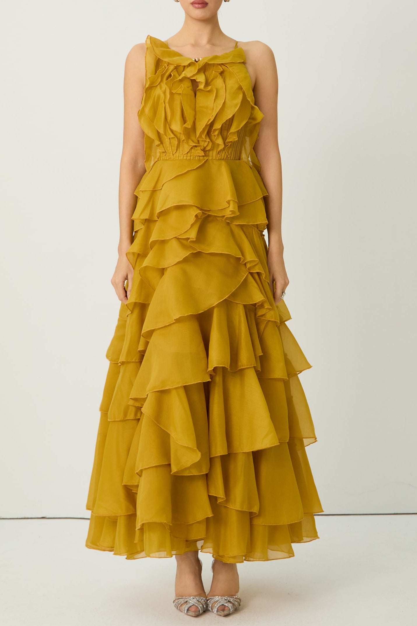 leila Yellow Spaghetti Strap Tiered Ruffle Maxi Dress