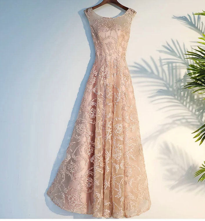 QUEENA CHAMPAGNE LACE EVENING GOWN MAXI DRESS