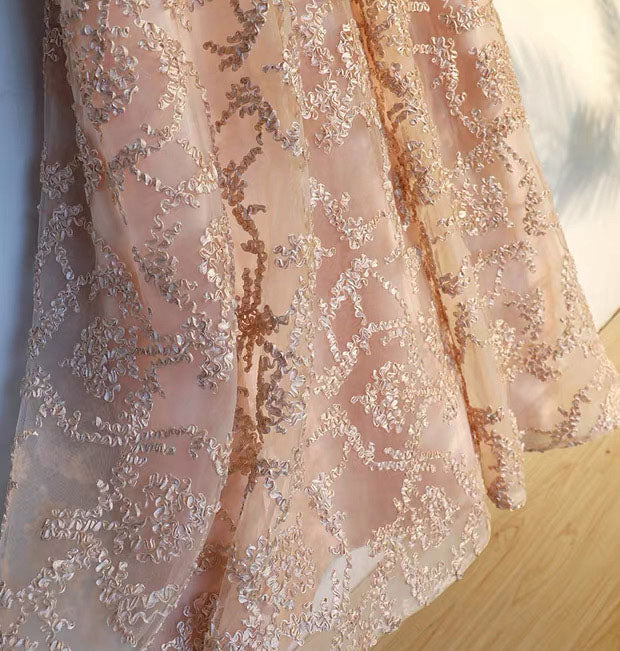 QUEENA CHAMPAGNE LACE EVENING GOWN MAXI DRESS