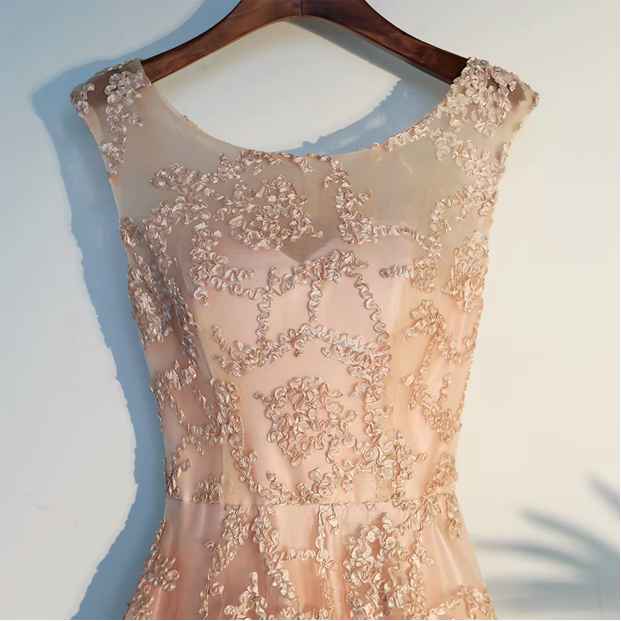 QUEENA CHAMPAGNE LACE EVENING GOWN MAXI DRESS