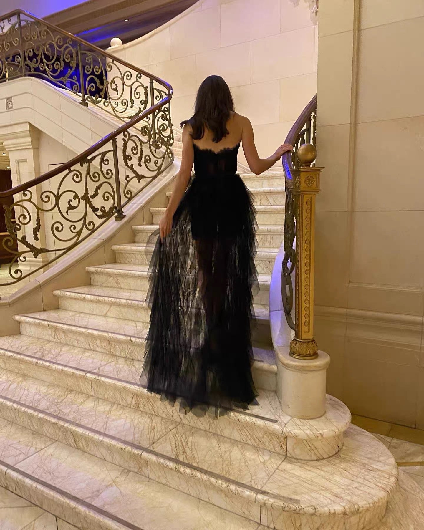 BLACK STRAPLESS LACE MESH MAXI DRESS