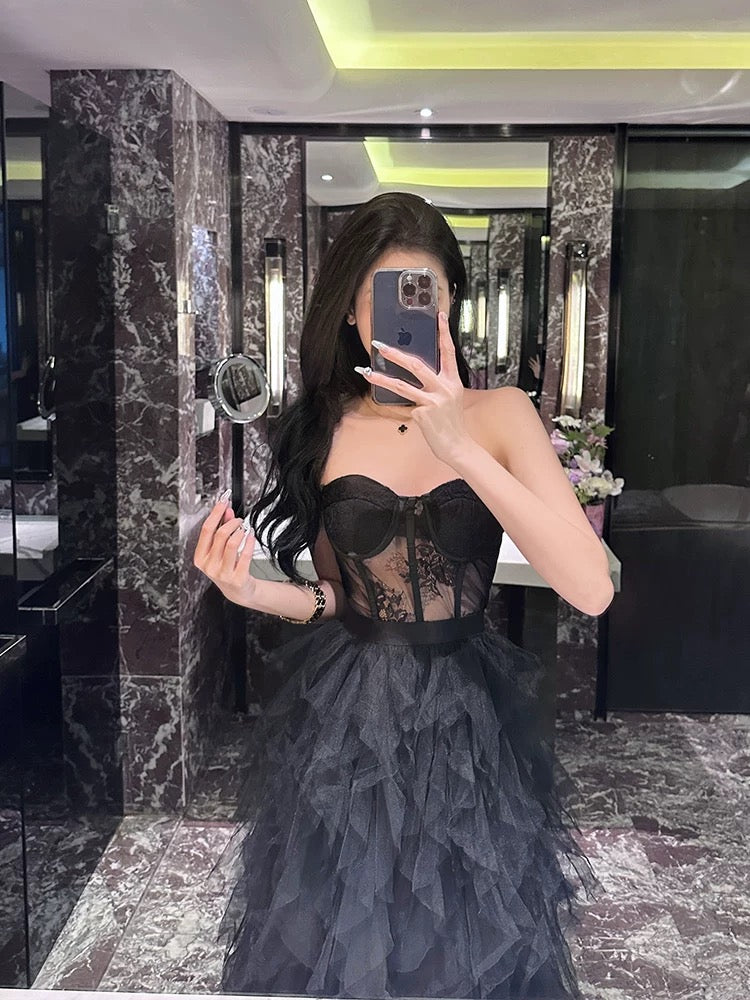 BLACK STRAPLESS LACE MESH MAXI DRESS