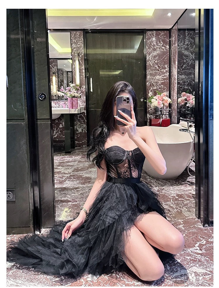 BLACK STRAPLESS LACE MESH MAXI DRESS