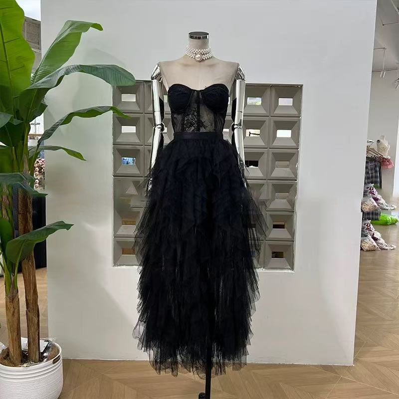 BLACK STRAPLESS LACE MESH MAXI DRESS
