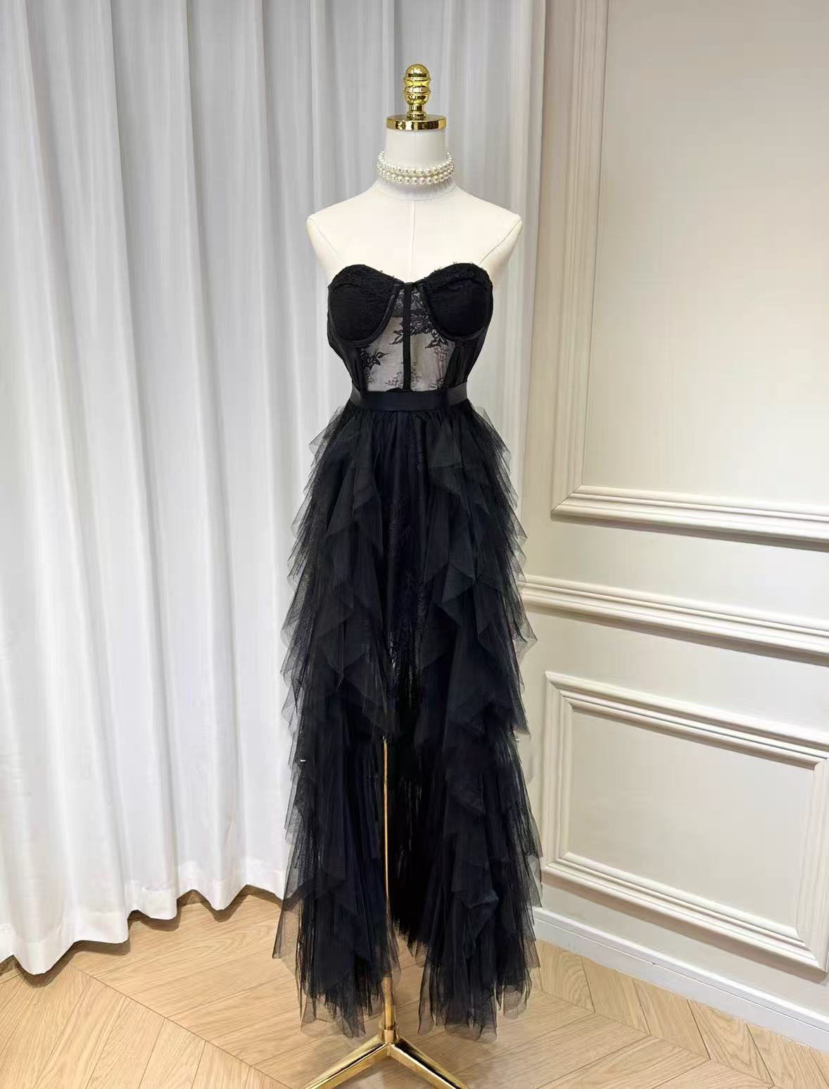 BLACK STRAPLESS LACE MESH MAXI DRESS