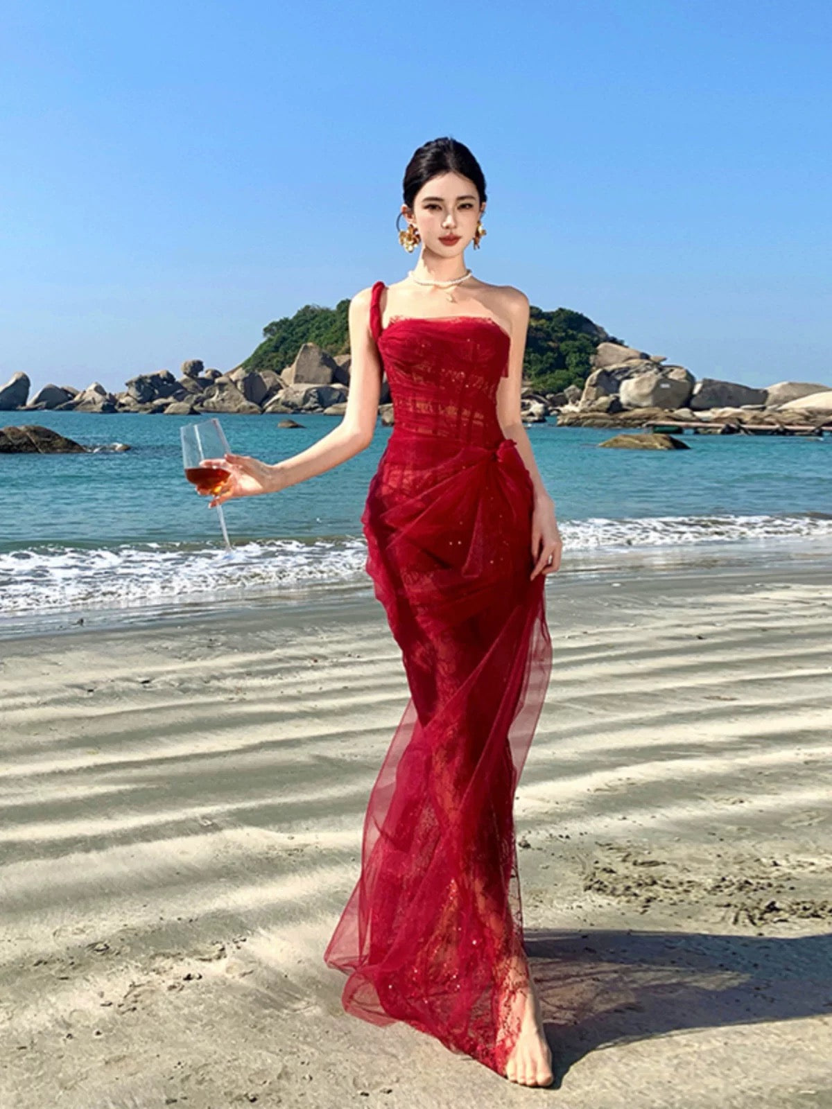 LACE ONE SHOULDER MIDI CORSET DRESS - WINE
