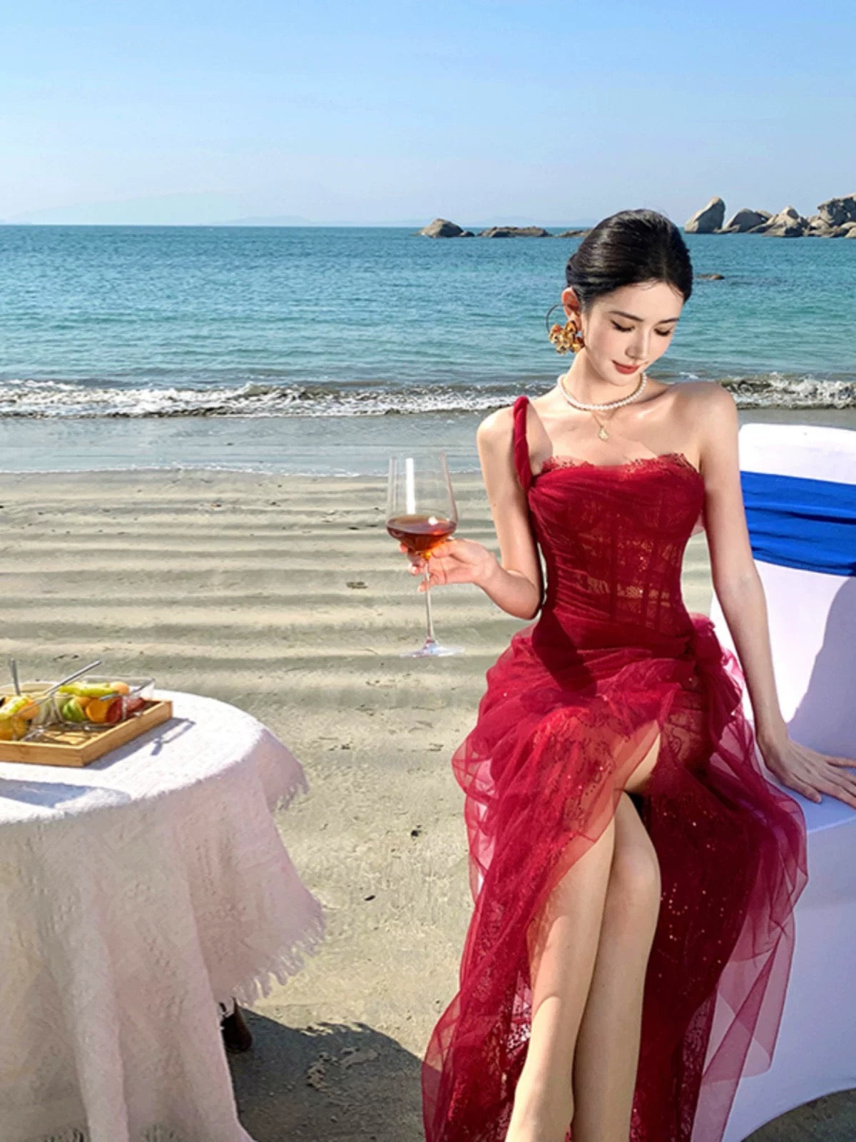 LACE ONE SHOULDER MIDI CORSET DRESS - WINE