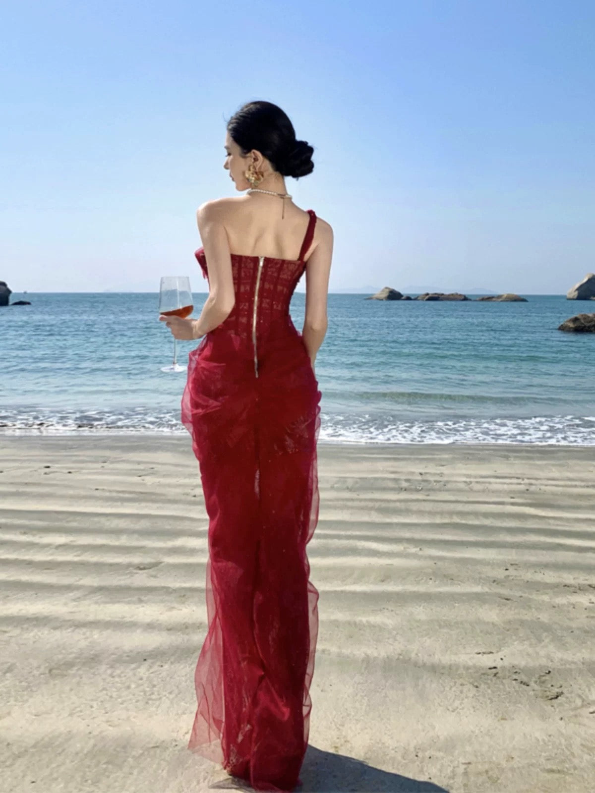 LACE ONE SHOULDER MIDI CORSET DRESS - WINE