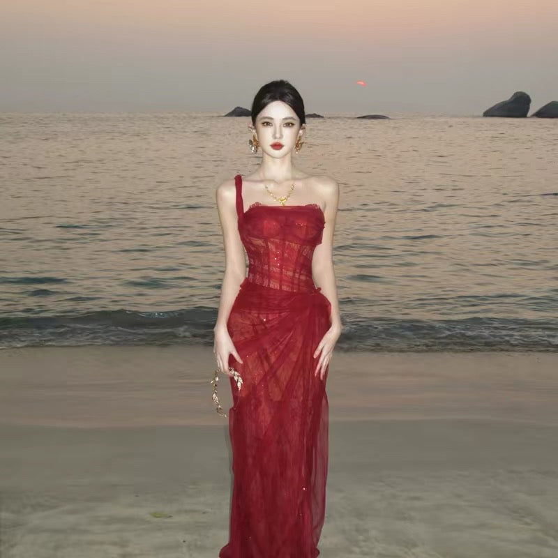 LACE ONE SHOULDER MIDI CORSET DRESS - WINE