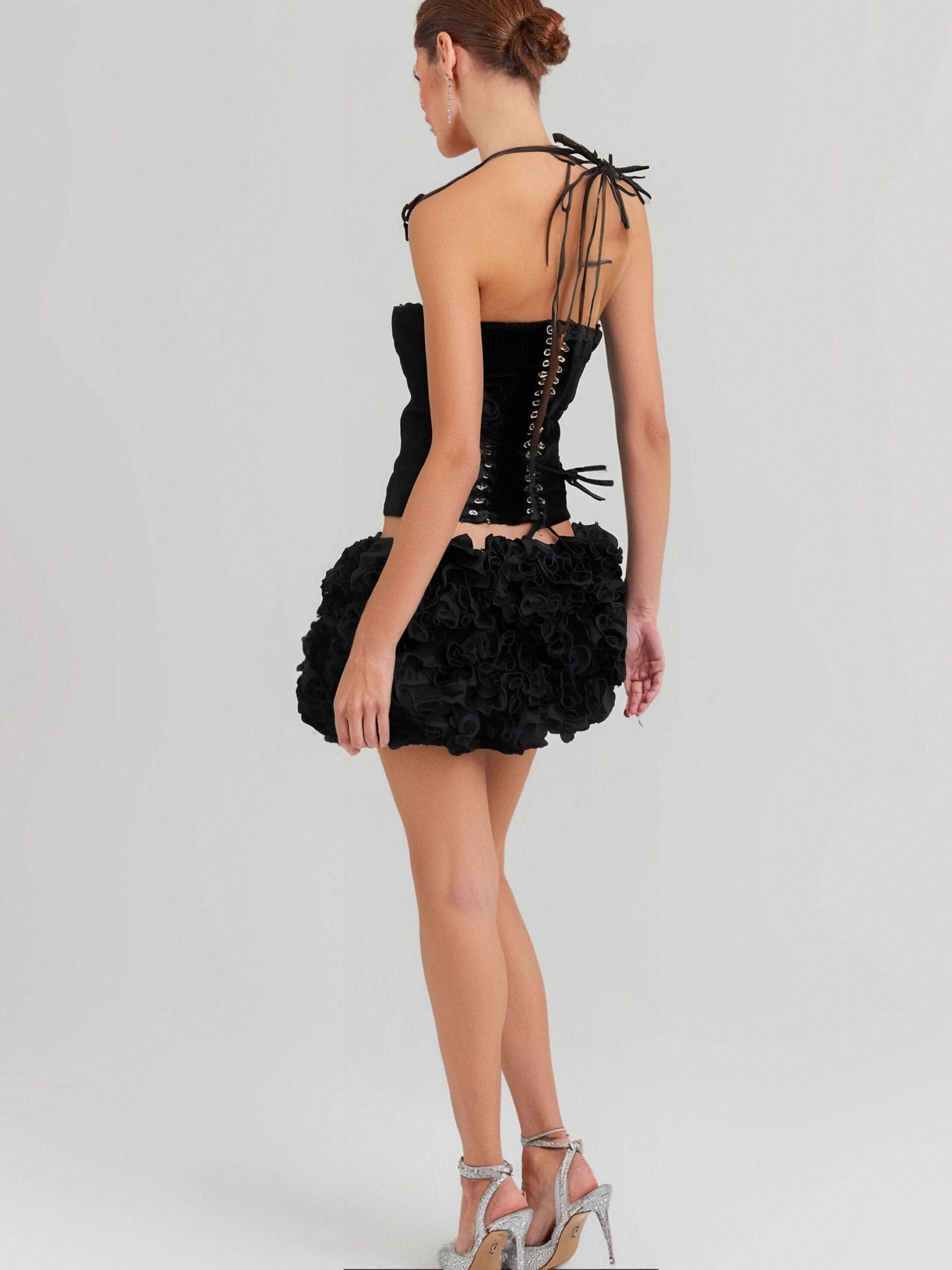 VELVET CORSET FLORAL MINI SKIRT SUIT BLACK