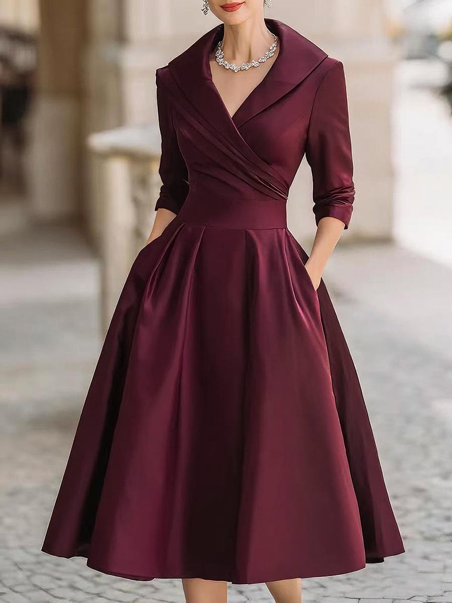 VINTAGE SATIN MIDI DRESS WITH DRAPED COLLAR