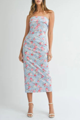 SHERRY STRAPLESS FLORAL MIDI DRESS BLUE