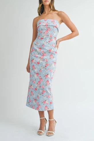 SHERRY STRAPLESS FLORAL MIDI DRESS BLUE