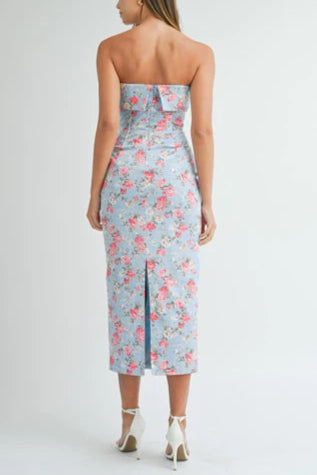 SHERRY STRAPLESS FLORAL MIDI DRESS BLUE