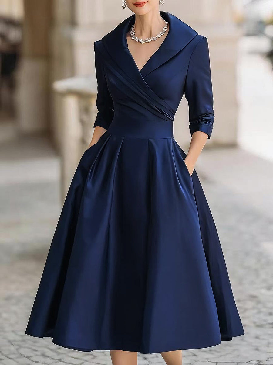 VINTAGE SATIN MIDI DRESS WITH DRAPED COLLAR