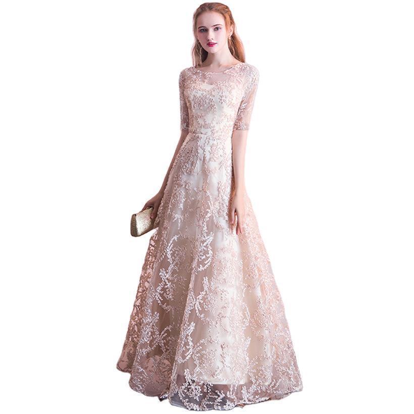 QUEENA CHAMPAGNE LACE EVENING GOWN MAXI DRESS