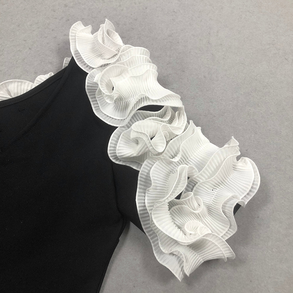 WHITE FLOWER BLACK STRAPLESS MIDI DRESS, EVENING