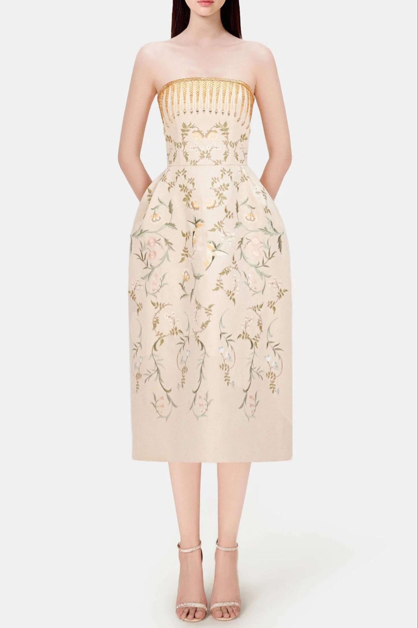EMBROIDERED BEIGE MIDI DRESS FOR WEDDING GUEST
