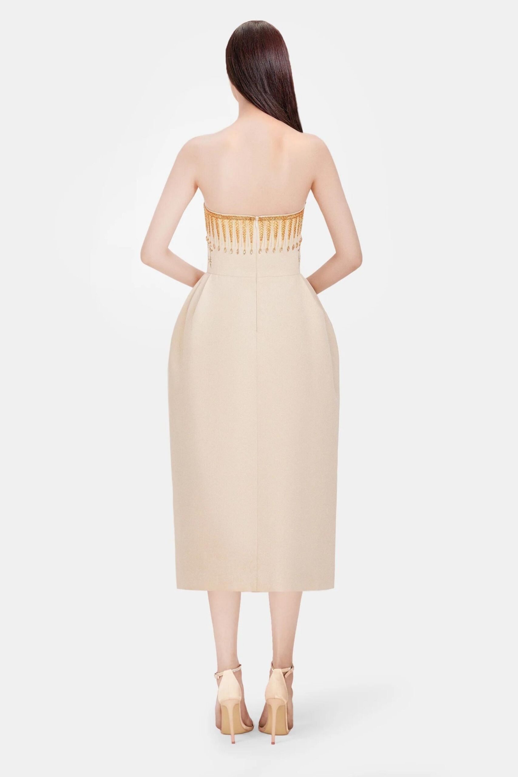 EMBROIDERED BEIGE MIDI DRESS FOR WEDDING GUEST