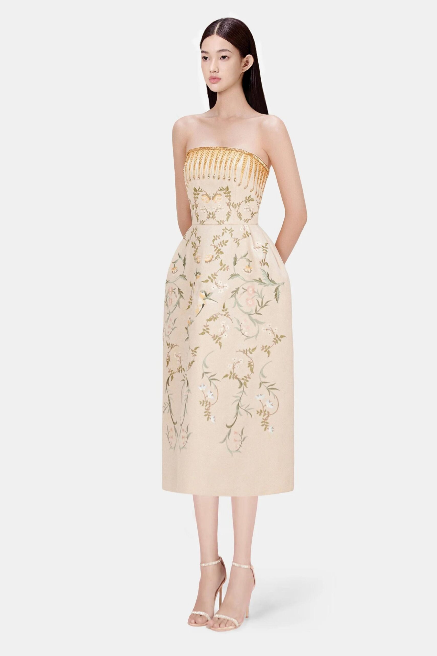 EMBROIDERED BEIGE MIDI DRESS FOR WEDDING GUEST
