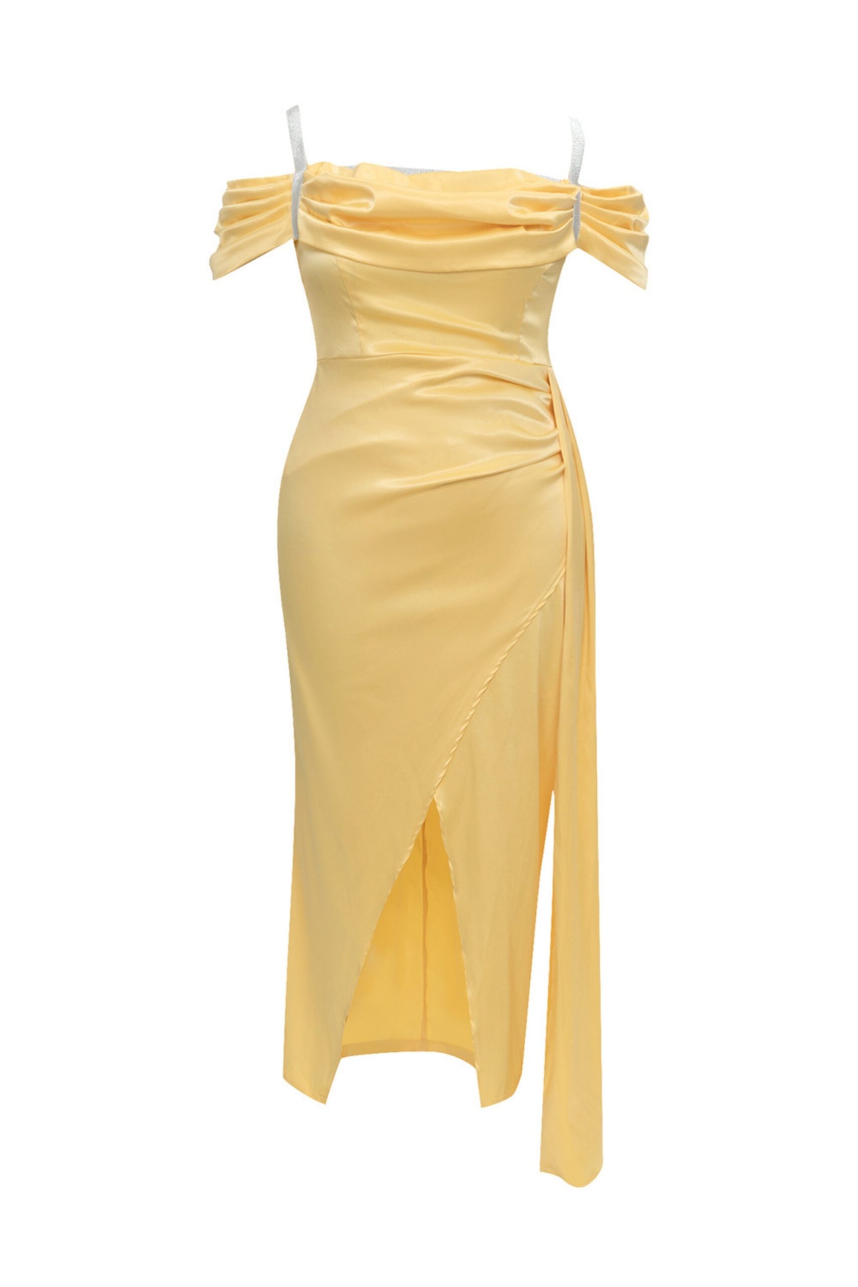 SATIN DRAPE HIGH SPLIT YELLOW MIDI DRESS