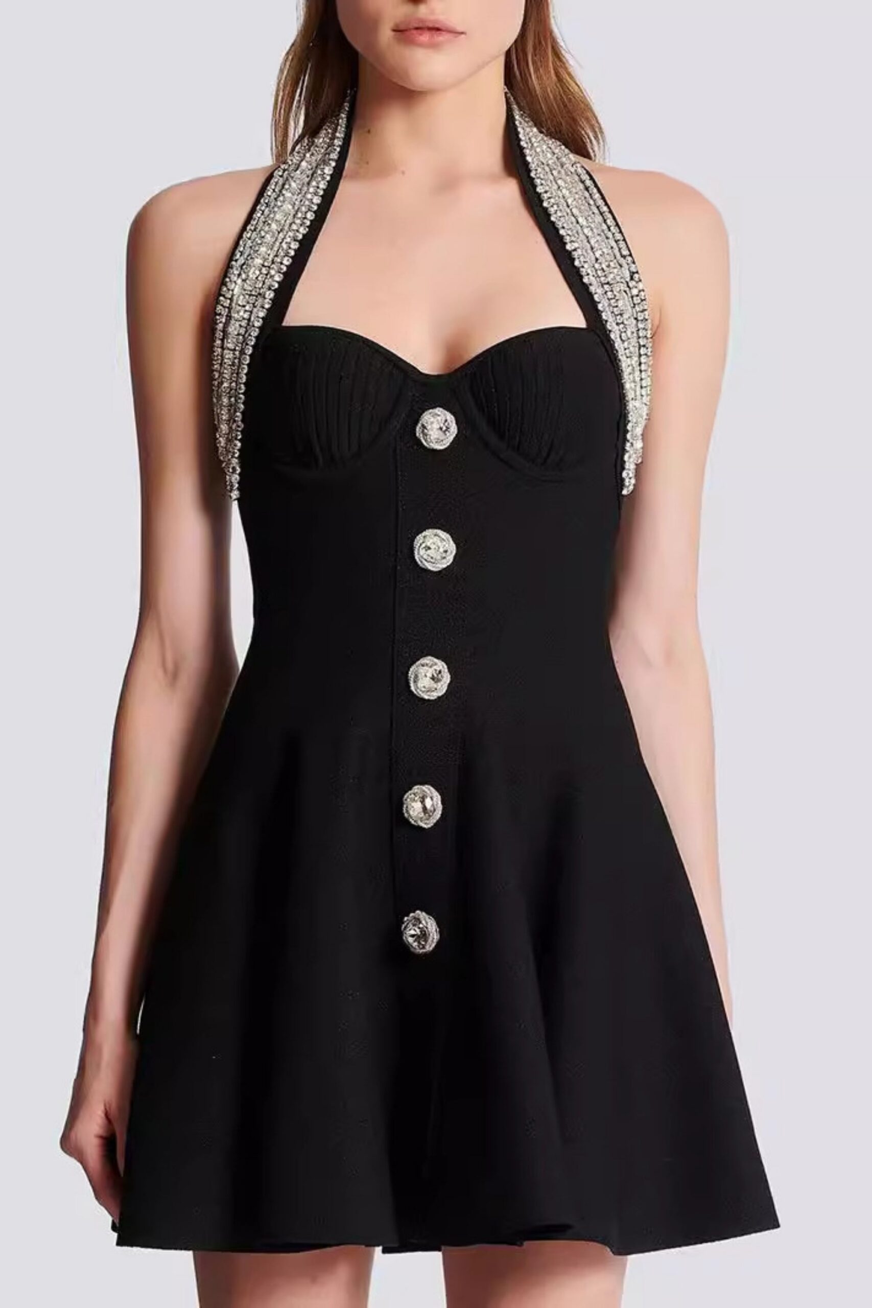 HALTER BUCKLE MINI DRESS BLACK COCKTAIL PARTY
