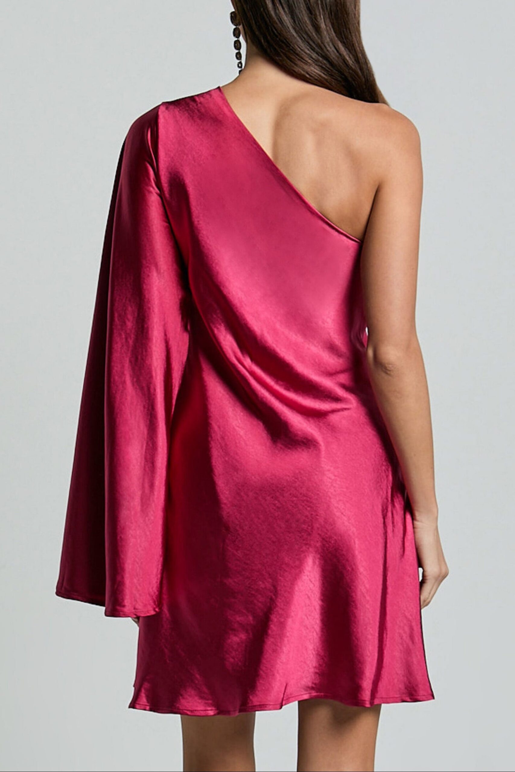 ONE SHOULDER BERRY LONG SLEEVE COCKTAIL DRESS