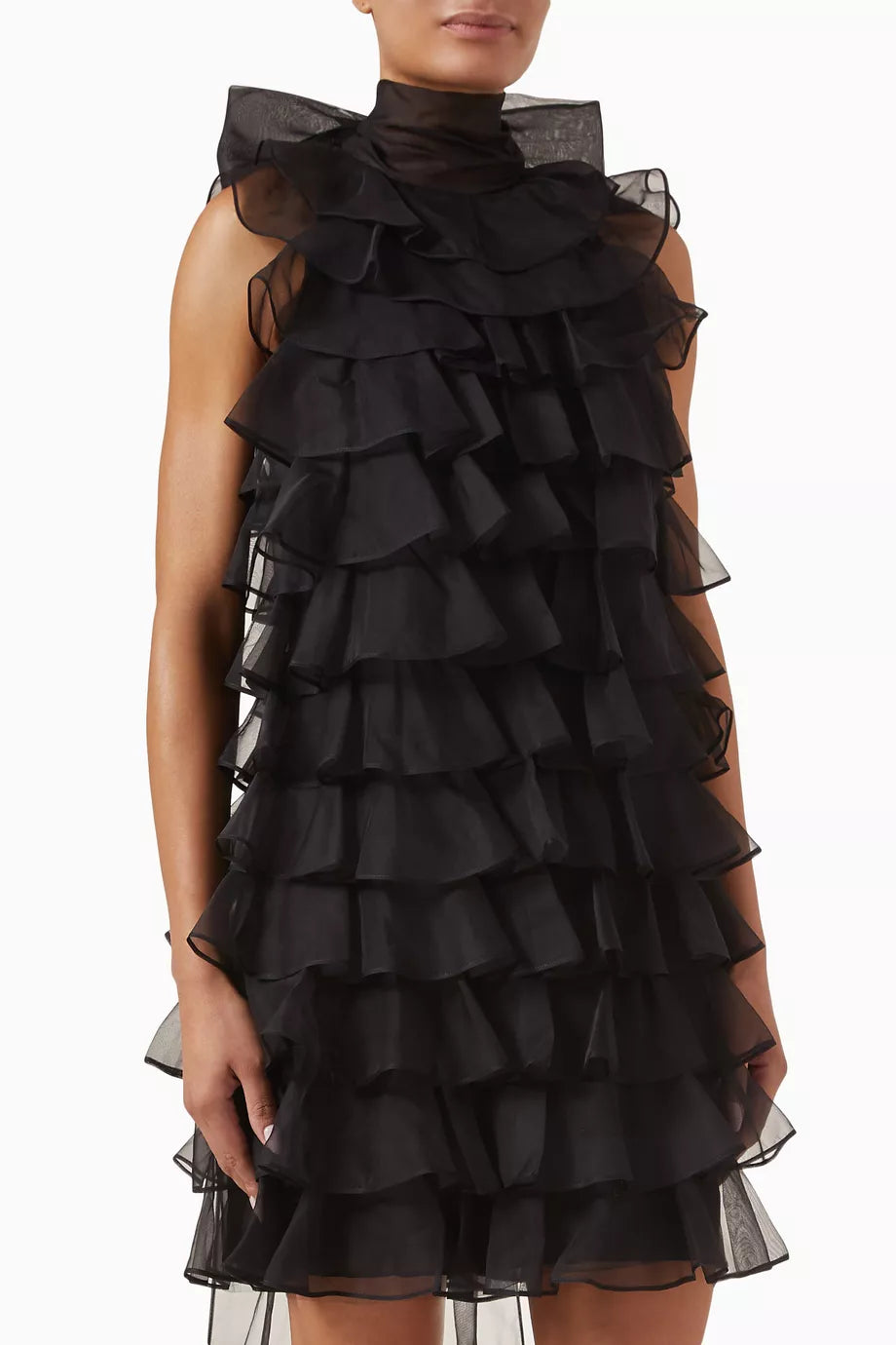 POPPY RUFFLE SILK MINI DRESS, BLACK