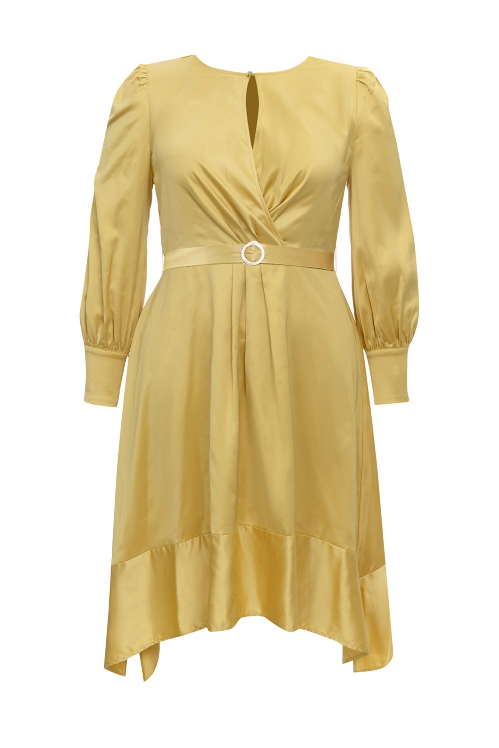 SATIN LONG SLEEVE MIDI DRESS, YELLOW, ELEGANT PARTY