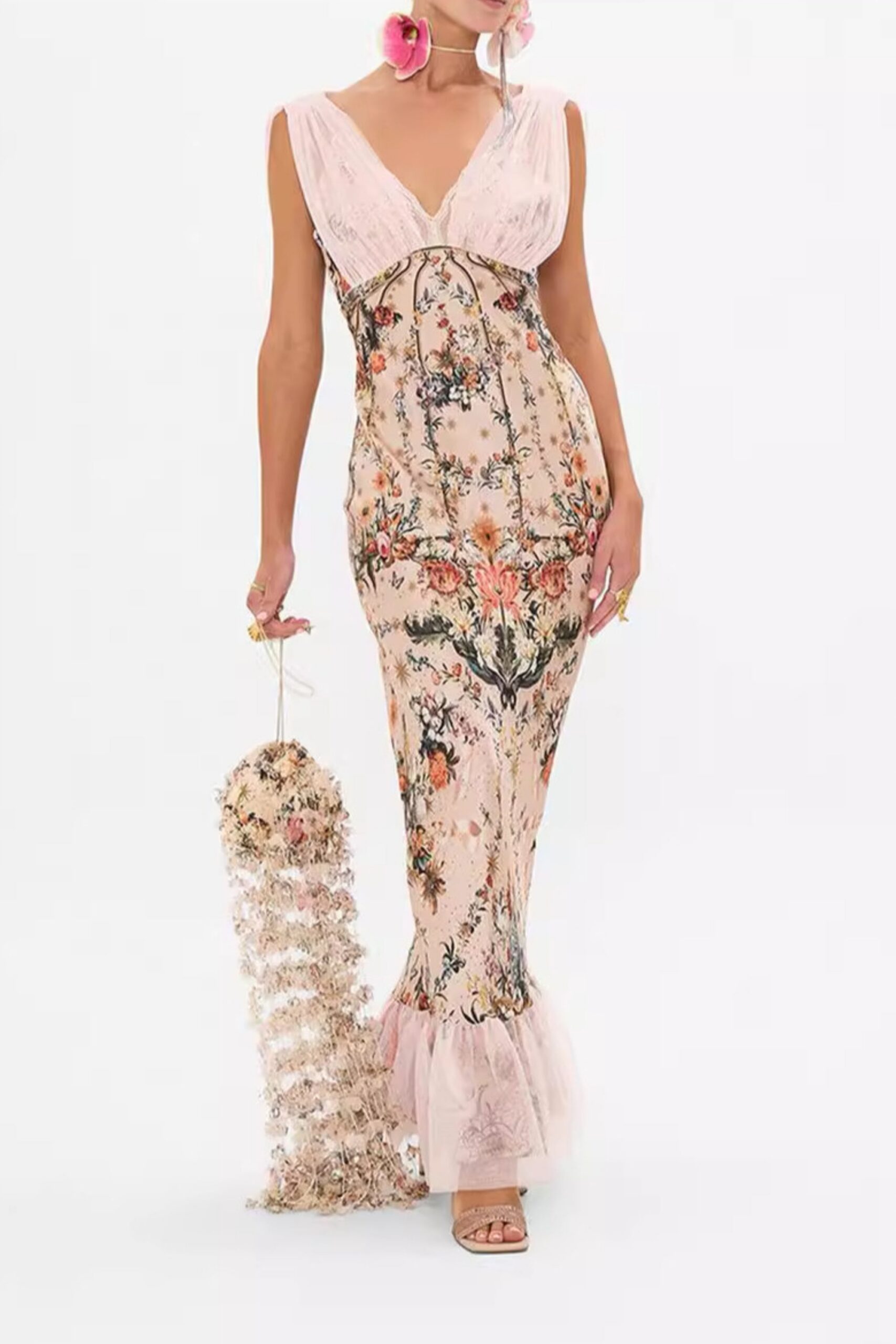 FLORAL MERMAID SLEEVELESS MAXI DRESS FOR WEDDING GUEST