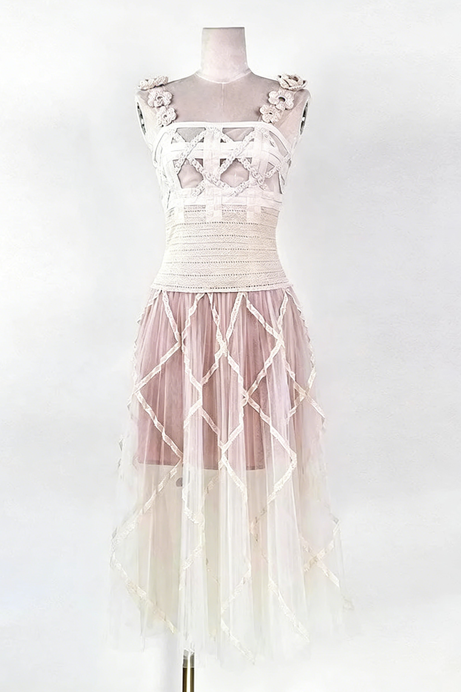 CREAM LACE CORSET MIDI DRESS WITH 3D FLOWER STRAPS