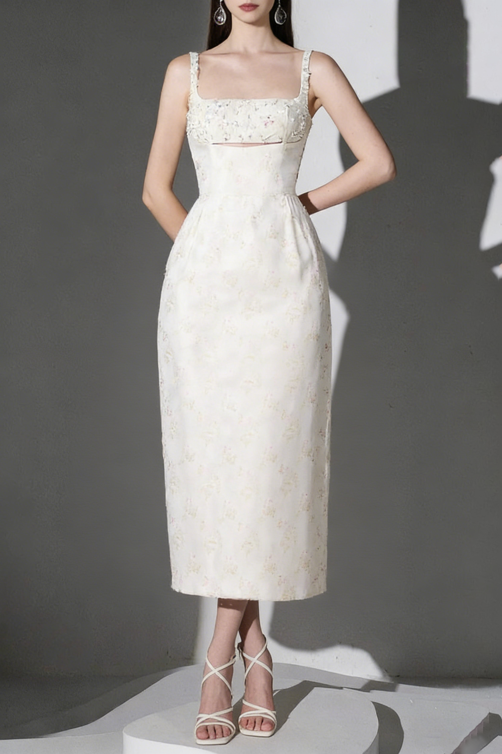 BEADED BROCADE PENCIL MIDI DRESS FOR EVENING