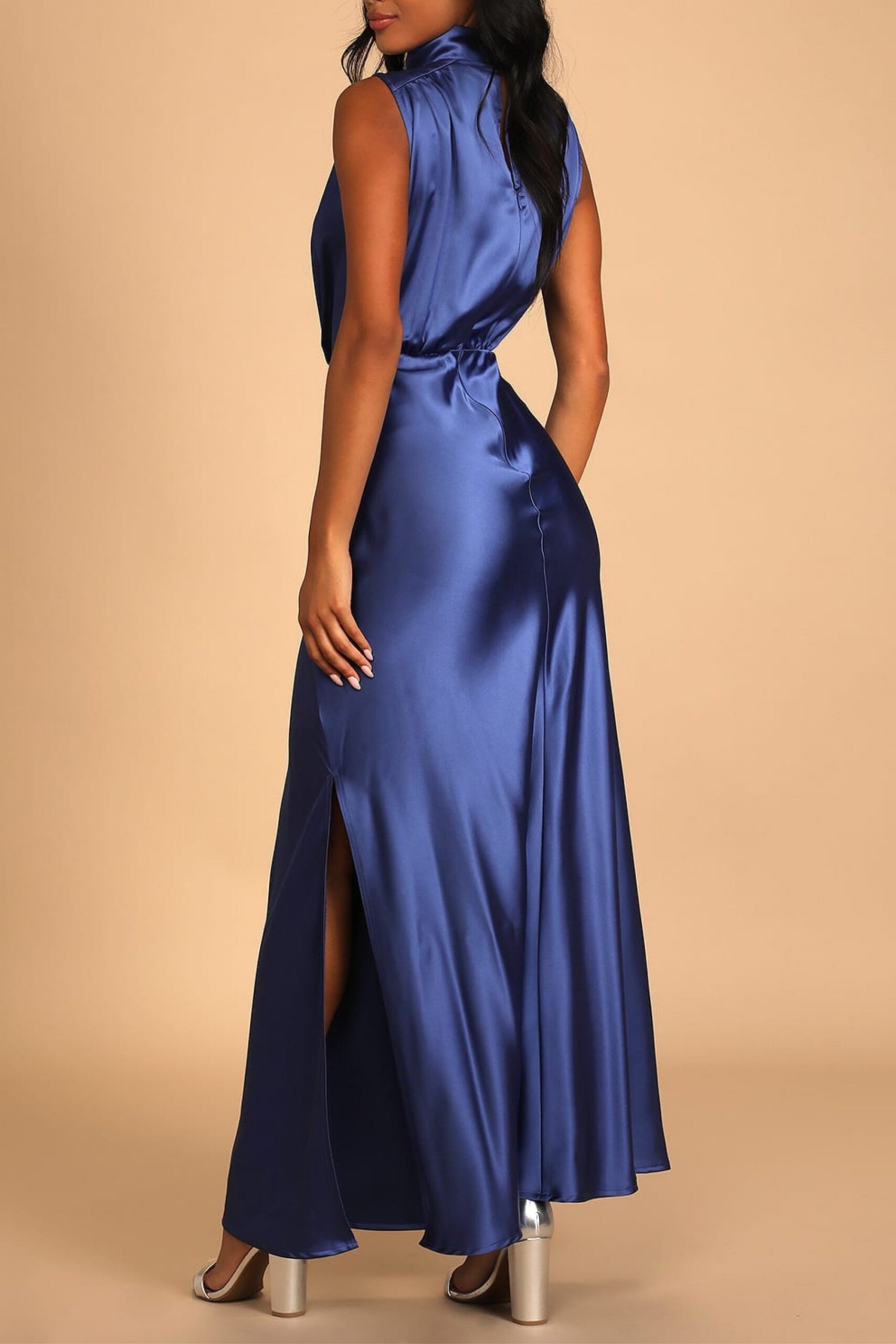 SATIN SLEEVELESS MOCK NECK MAXI DRESS