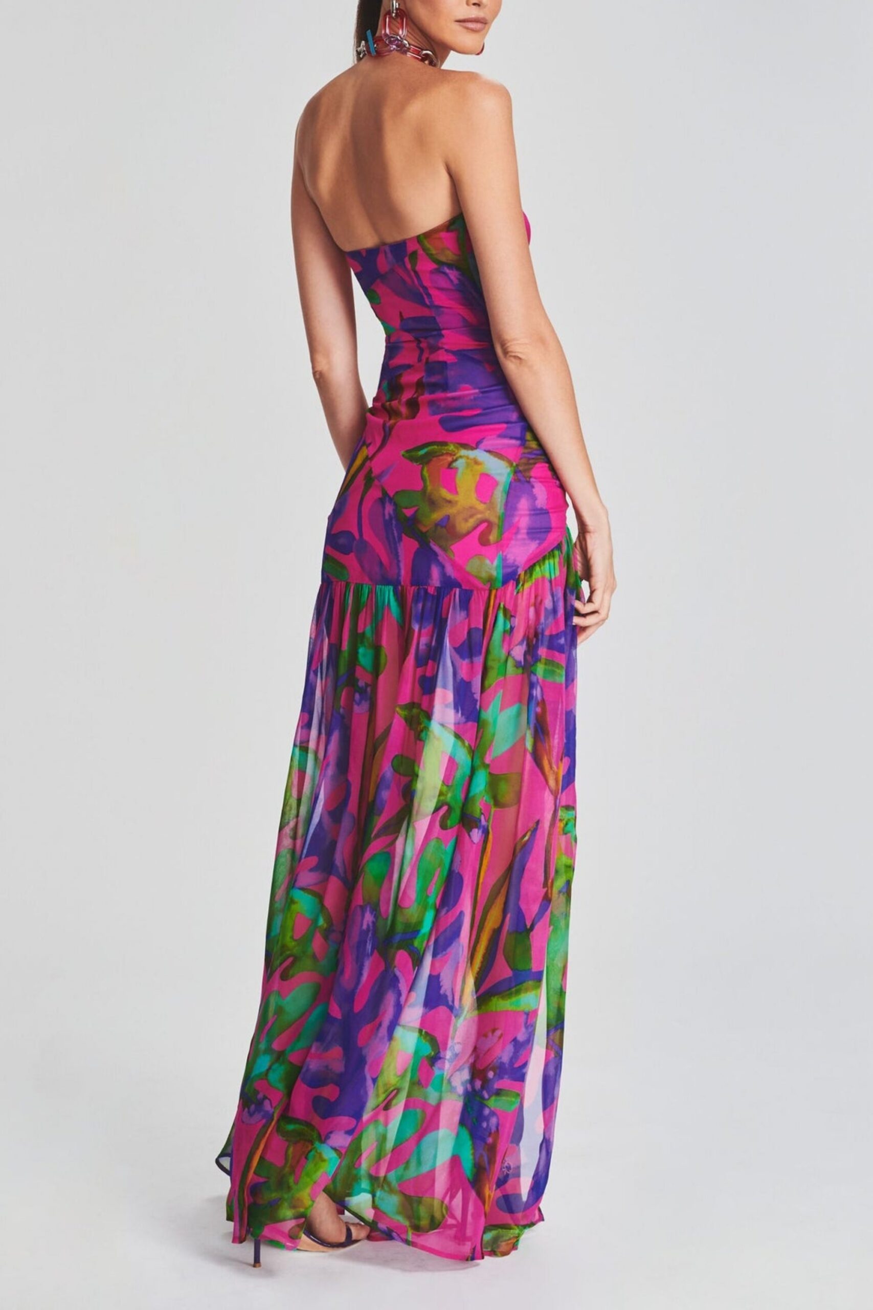 FLORAL SILK CHIFFON MAXI DRESS, RED A-LINE WEDDING