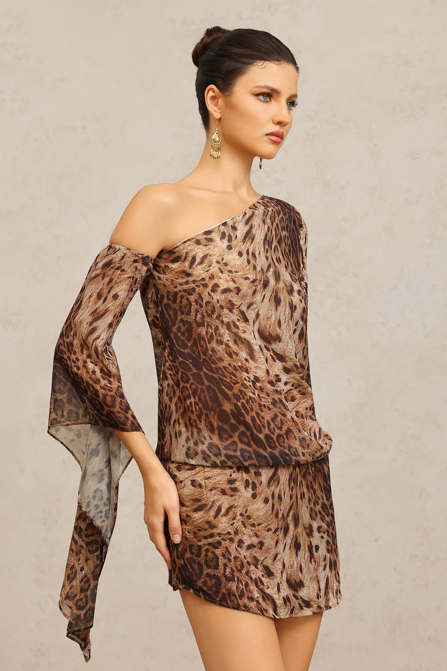 EDWINA LONG SLEEVE LEOPARD MINI DRESS BROWN