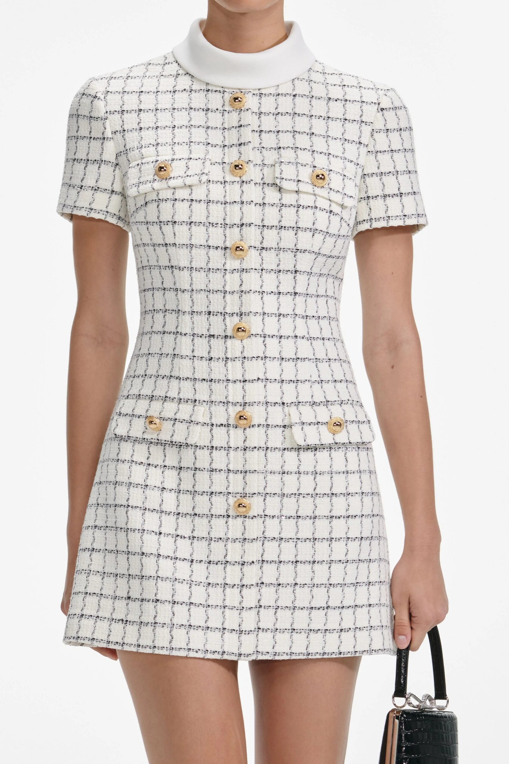 WHITE DECORATIVE BUTTON CHECK MINI DRESS FOR PARTY