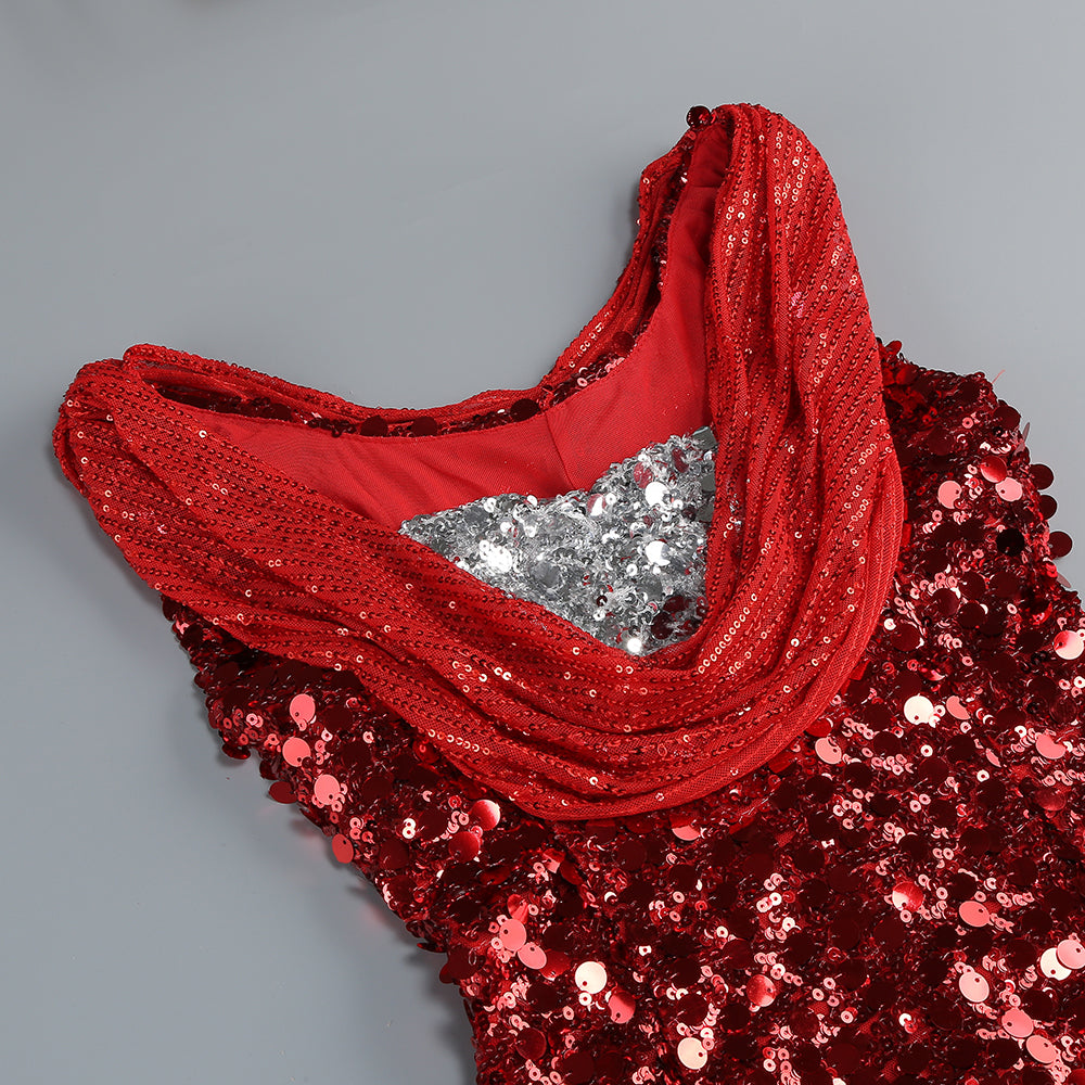 SEQUIN RED MAXI DRESS, SLEEVELESS EVENING GOWN