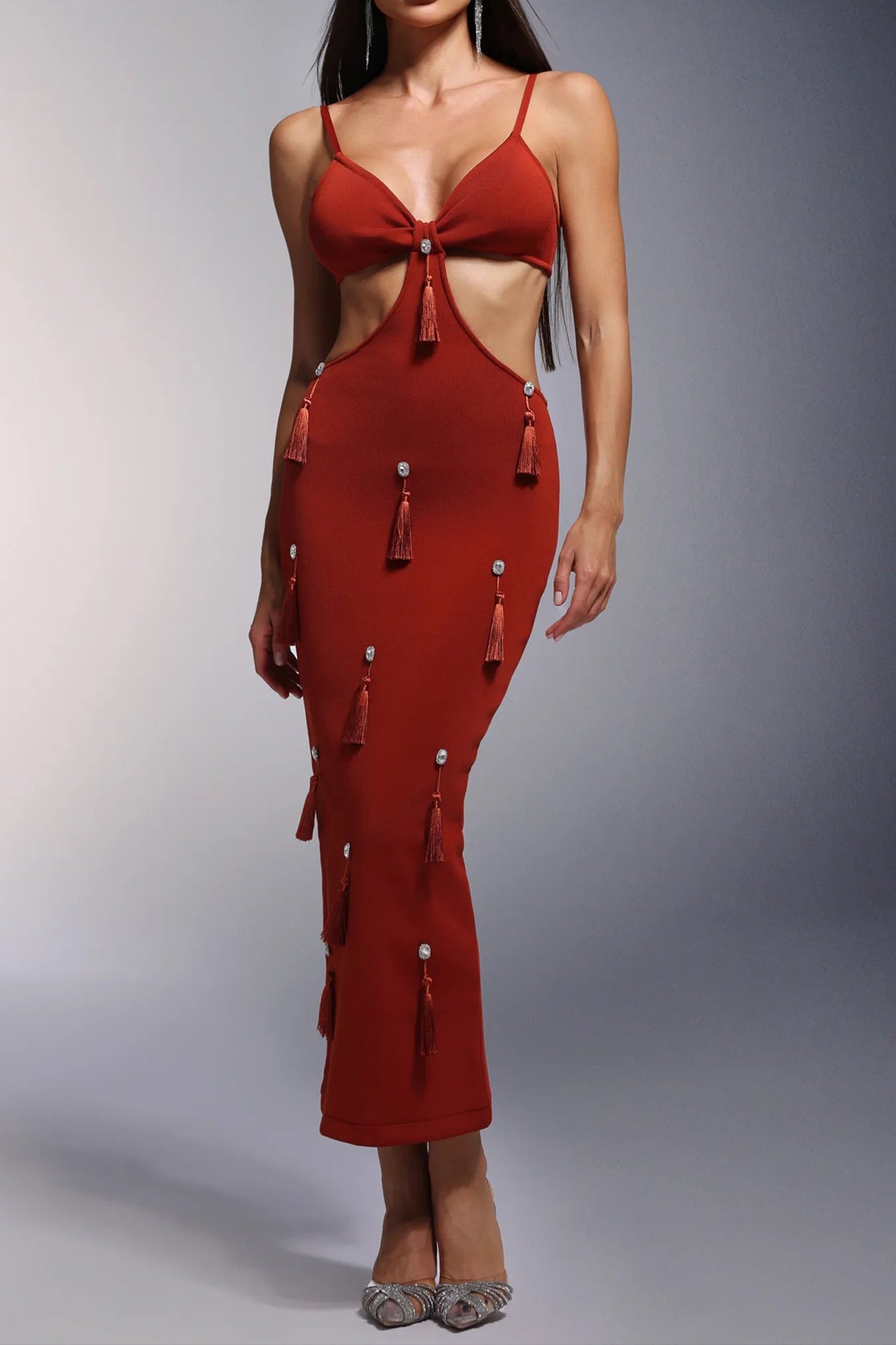 DEEP-V RED BANDAGE MAXI DRESS WITH TASSELS