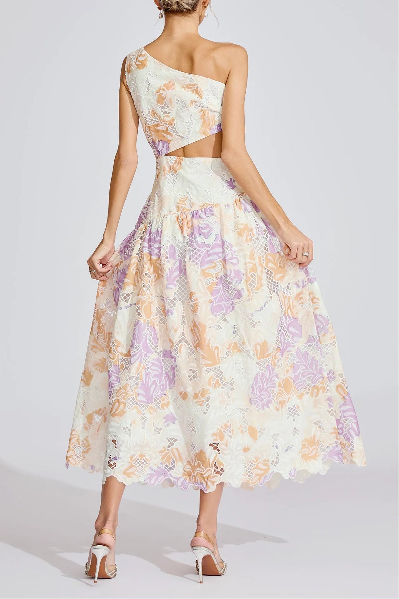 YELLOW ONE-SHOULDER FLORAL PRINT CUTOUT MAXI DRESS