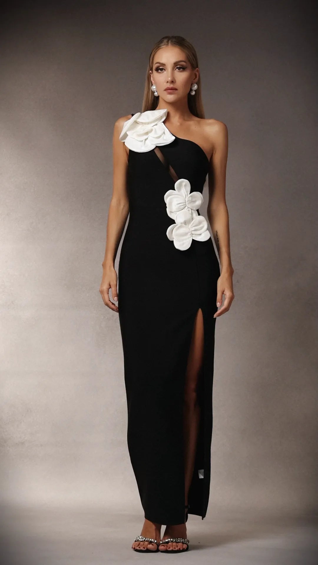 BLACK ONE SHOULDER BANDAGE SLIT MAXI DRESS