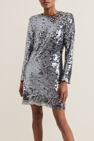 RHIA SEQUIN MINI DRESS, SILVER PARTY COCKTAIL