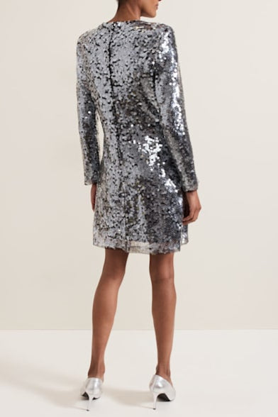 RHIA SEQUIN MINI DRESS, SILVER PARTY COCKTAIL
