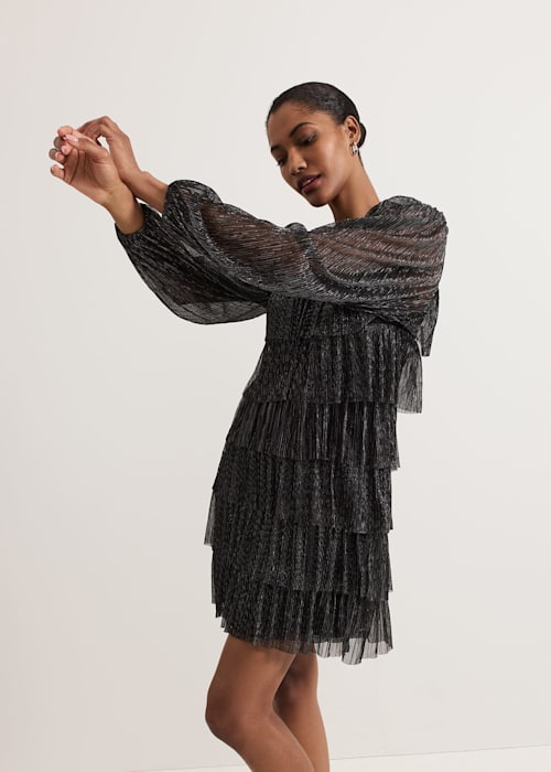 BLACK LAYER CHIFFON PUFF MINI DRESS FOR PARTY
