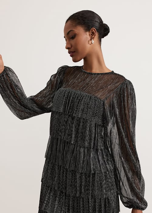 BLACK LAYER CHIFFON PUFF MINI DRESS FOR PARTY