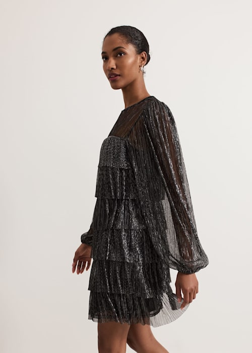 BLACK LAYER CHIFFON PUFF MINI DRESS FOR PARTY